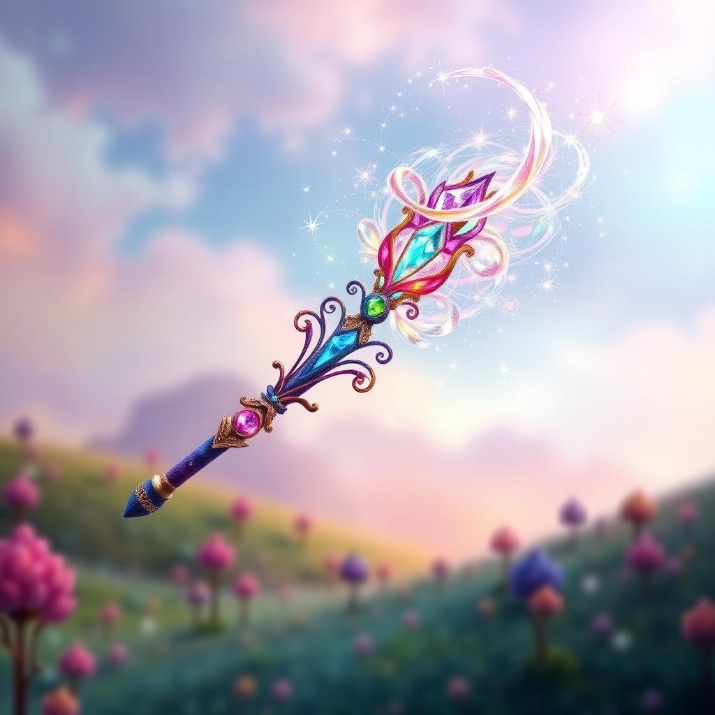 A beautifully crafted wand representing the Selection Wand from Beauxbatons Academy, intricately designed with vibrant colors and magical elements
