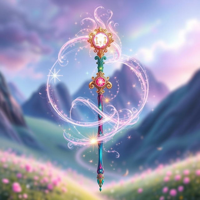A beautifully crafted wand representing the Selection Wand from Beauxbatons Academy, intricately designed with vibrant colors and magical elements
