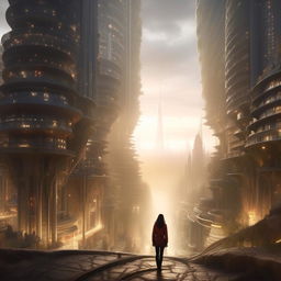 An ultra-detailed image of a mysterious woman approaching a vast, awe-inspiring cityscape that exudes an air of limitless potential.