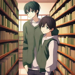 A high-quality 3D digital art image presents a romantic encounter between two anime-style high school boys in a library