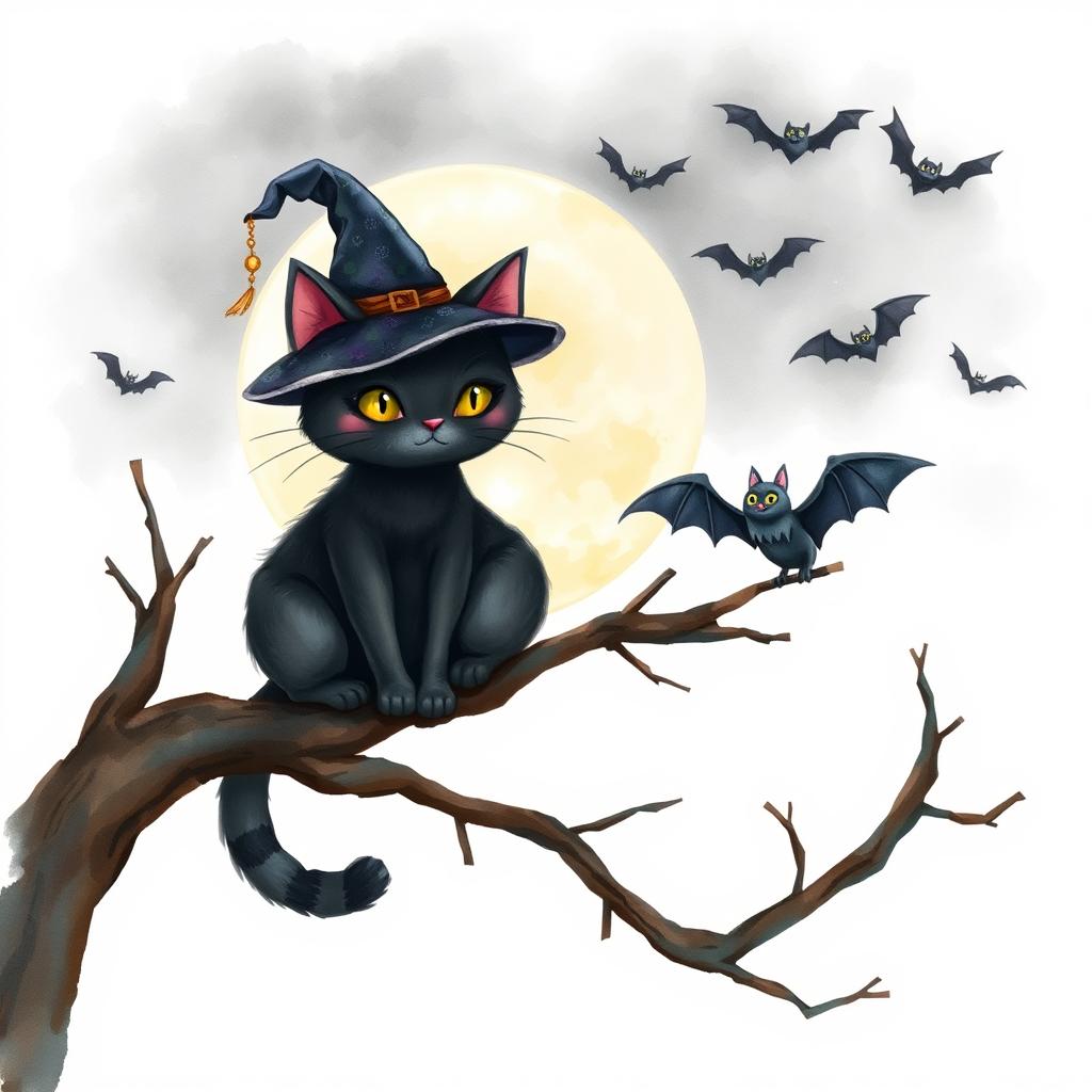 A whimsical Halloween-themed watercolor illustration featuring a charming black cat perched on a branch, wearing a tiny wizard hat, while a cute bat playfully flies by