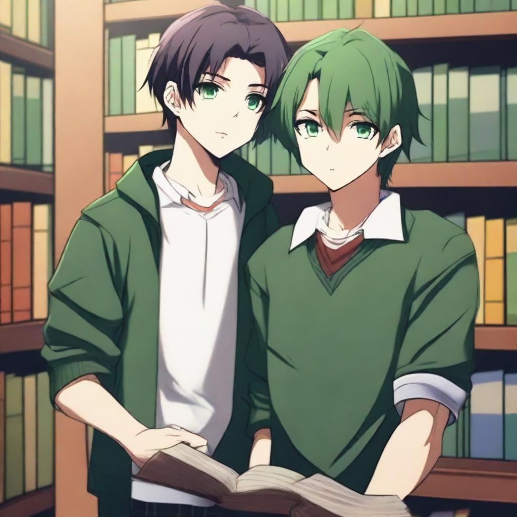 A high-quality 3D digital art image presents a romantic encounter between two anime-style high school boys in a library