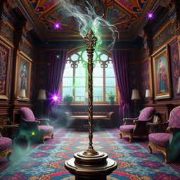 An enchanting depiction of the Beauxbatons Academy Selection Wand placed elegantly in a grand, colorful salon