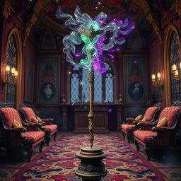 An enchanting depiction of the Beauxbatons Academy Selection Wand placed elegantly in a grand, colorful salon