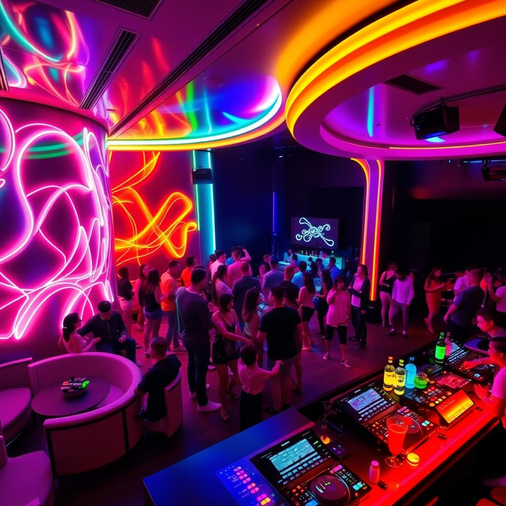 A vibrant, illuminated nightclub scene featuring flexible neon lights in various colors creating an energetic atmosphere