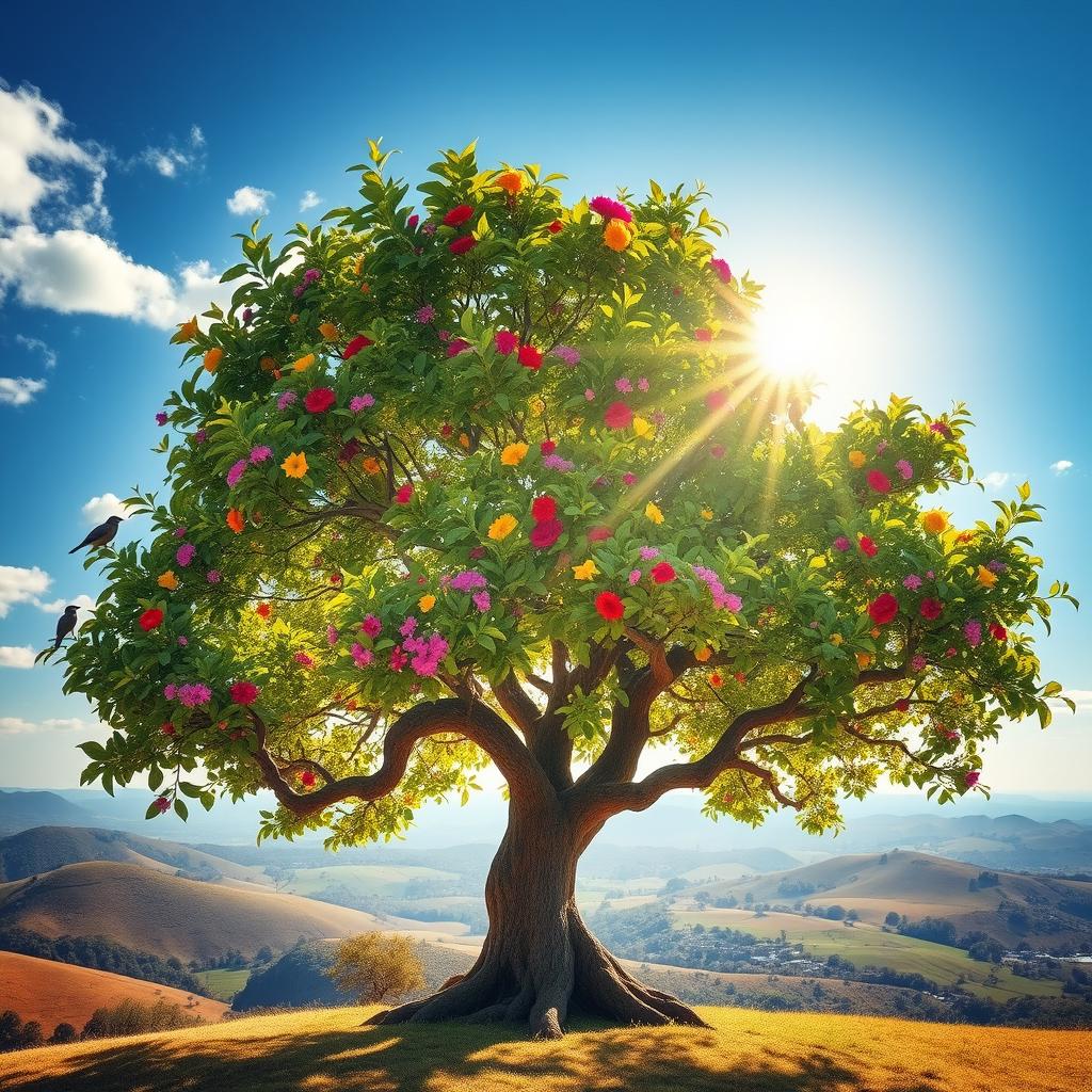 A beautiful tree with lush green leaves, vibrant flowers in various colors blooming among the branches, its trunk thick and gnarled, surrounded by a picturesque landscape of rolling hills and a clear blue sky