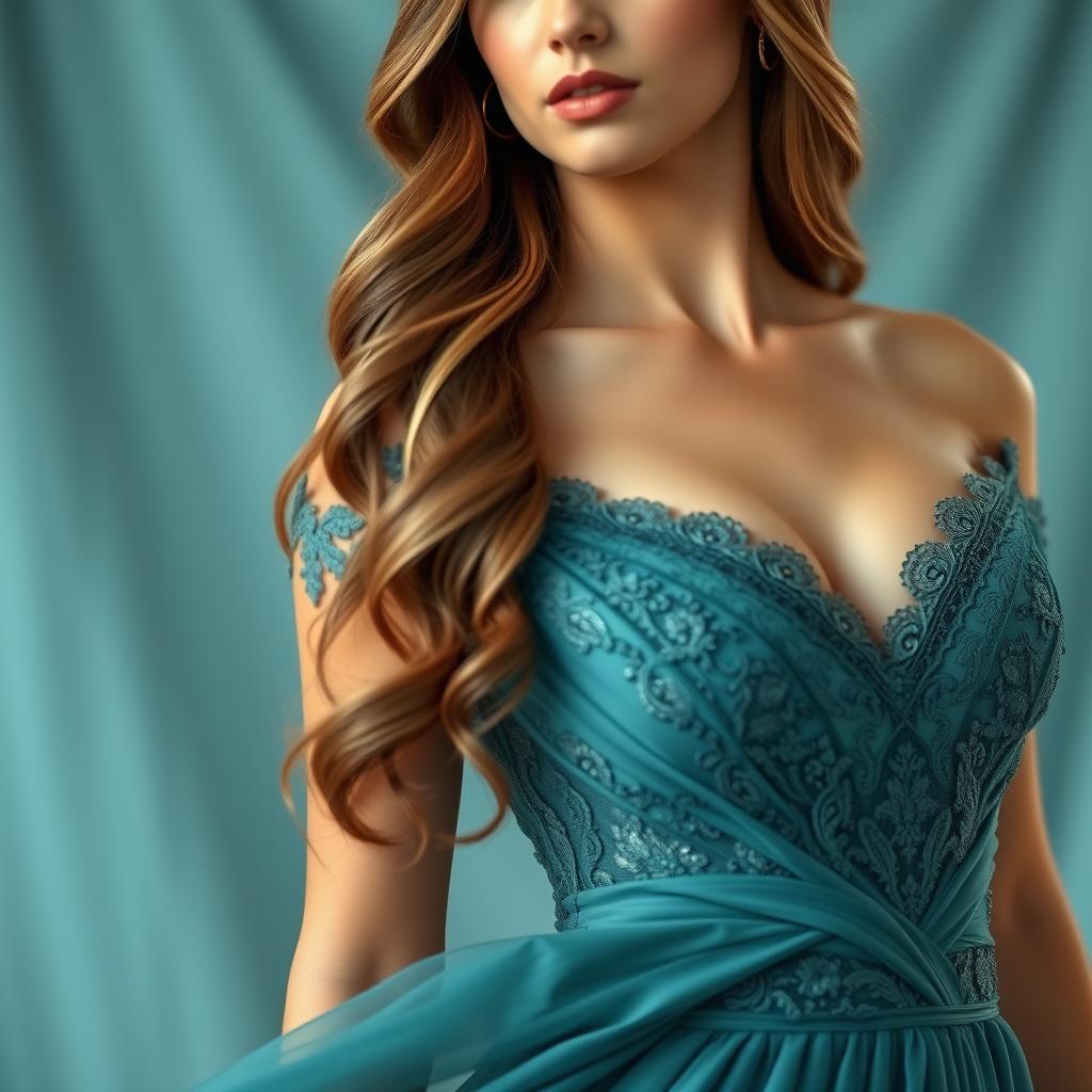 A close-up portrait of a woman wearing a stunning dress, modified to match the color of a soft, deep teal fabric
