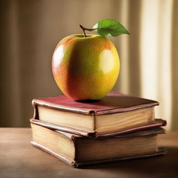 Create an image of a single, juicy fruit sitting atop a stack of vintage books with soft ambient light highlighting its details.