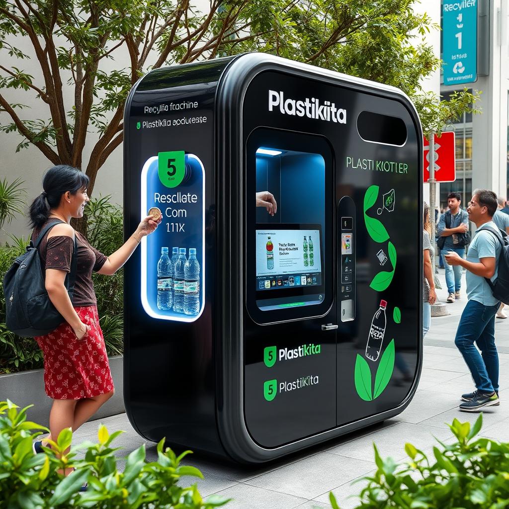 A futuristic PlastiKITA machine designed to recycle plastic bottles