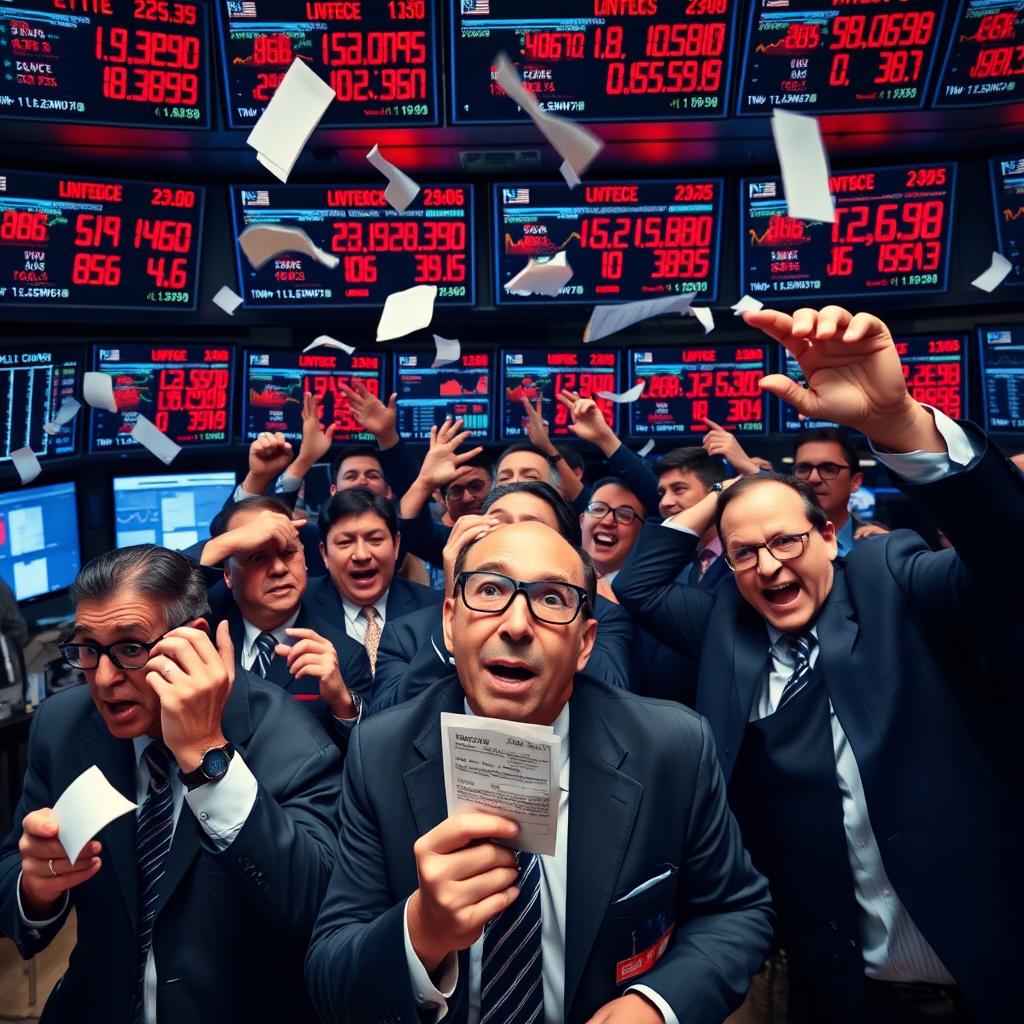 A chaotic stock market scene with stock brokers in a trading room, all wearing glasses and business suits, displaying a range of emotions from shock to panic