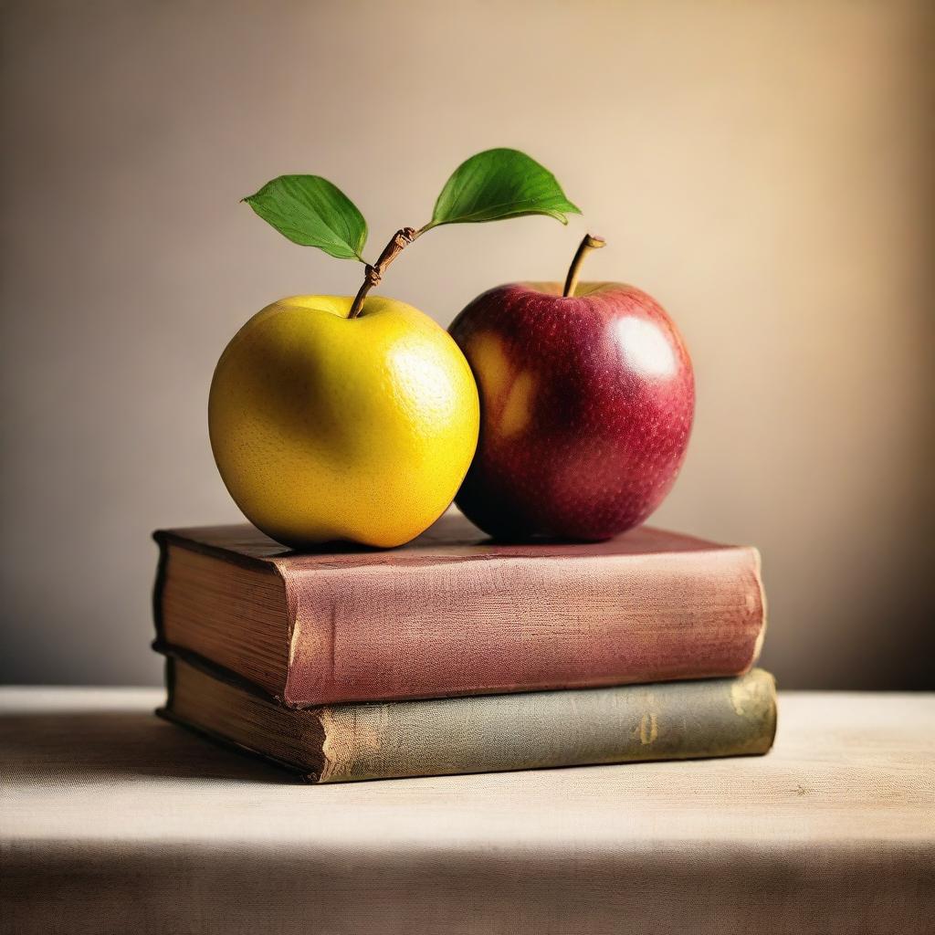 Create an image of a single, juicy fruit sitting atop a stack of vintage books with soft ambient light highlighting its details.