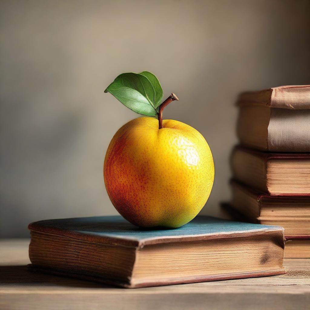 Create an image of a single, juicy fruit sitting atop a stack of vintage books with soft ambient light highlighting its details.