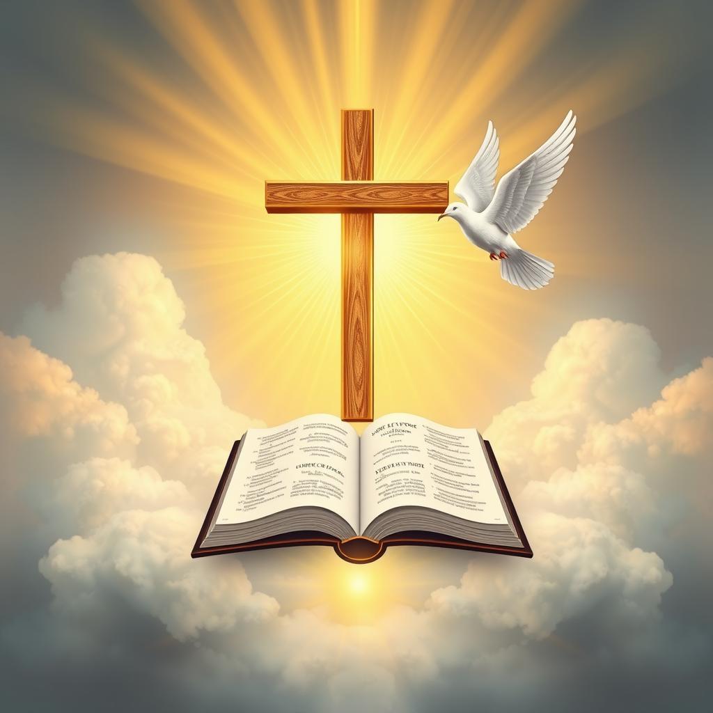 A beautifully detailed religious symbol representing salvation, incorporating elements such as a radiant cross surrounded by light, an open book symbolizing scripture, and a dove descending from above, symbolizing the Holy Spirit