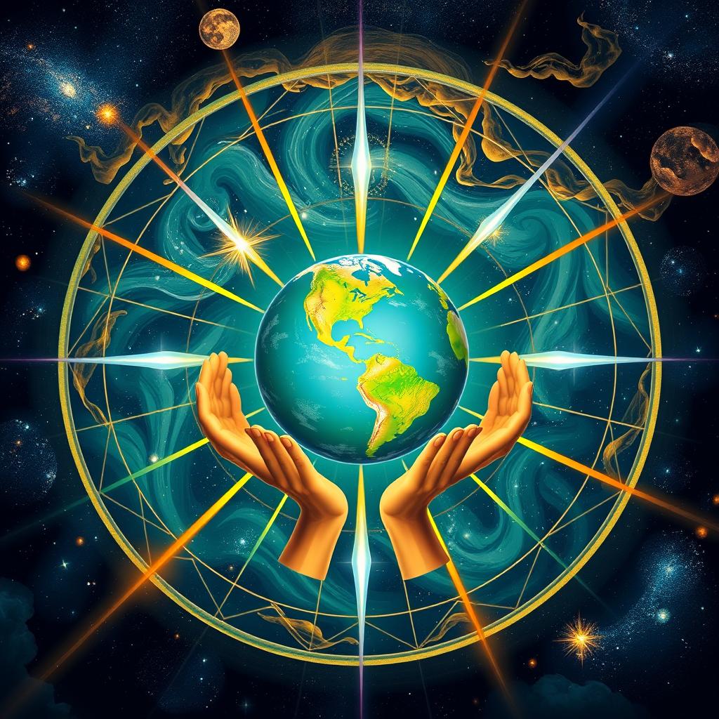A stunning artistic illustration of a religious symbol representing God's creation, featuring a vibrant Earth at the center surrounded by swirling galaxies and bright celestial bodies