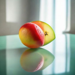 Generate an image of a single, vibrant fruit resting on a clean glass table, reflecting a serene, early morning scene.