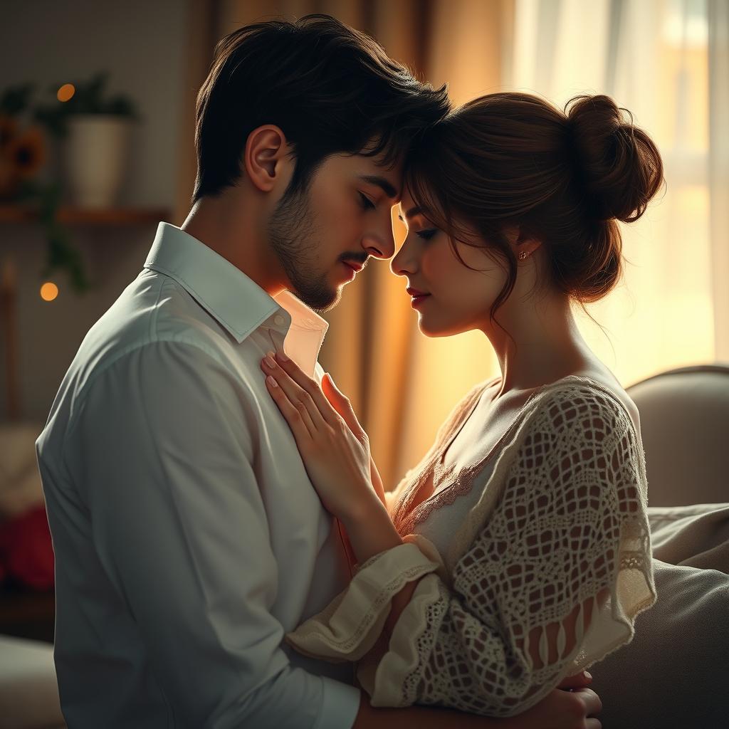 A tastefully portrayed intimate moment between two adult characters, emphasizing gentle romance and connection