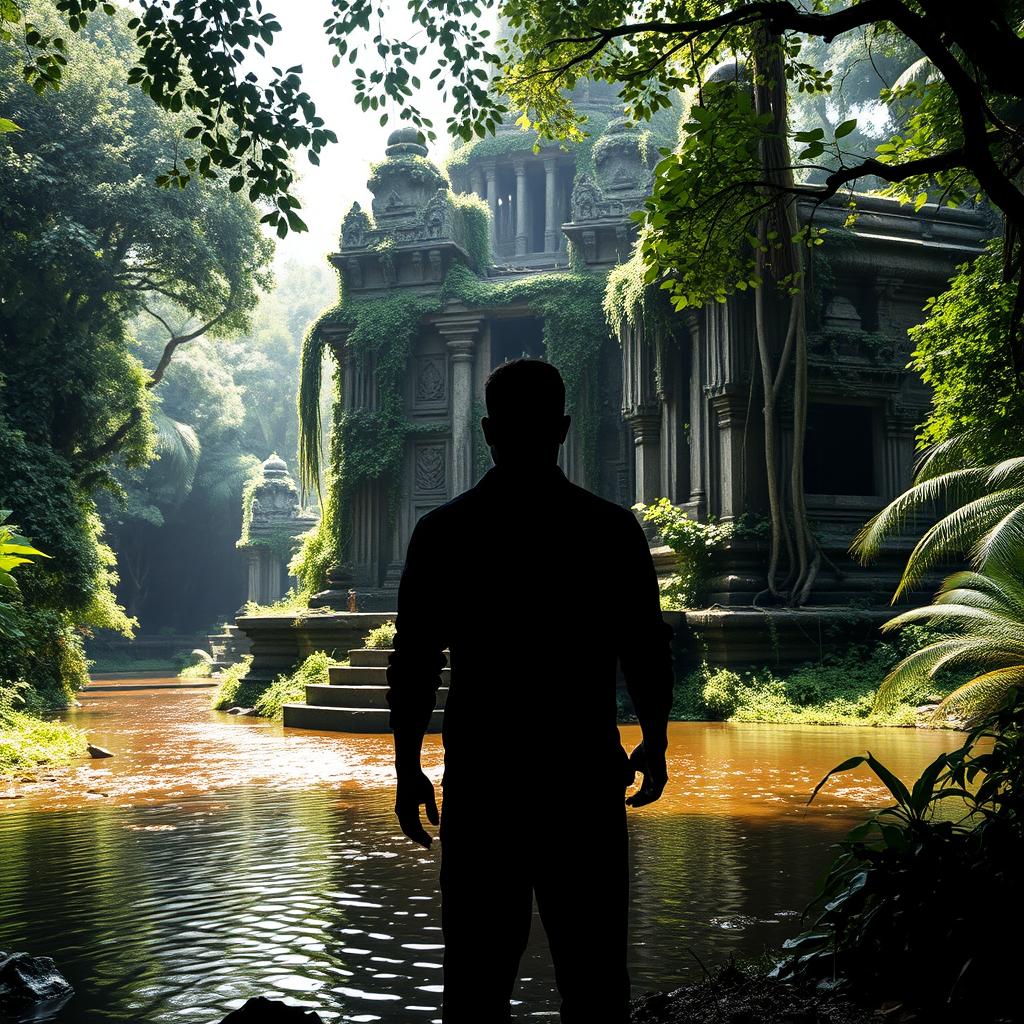 A striking silhouette of a man standing in a lush jungle environment, facing a grand and dilapidated temple partially covered in vines and greenery