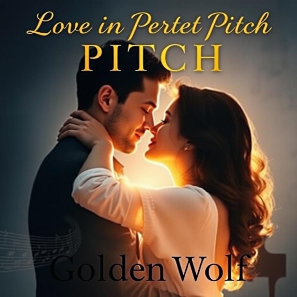 A cinematographic style cover art for 'Love in Perfect Pitch', featuring a poignant, romantic depiction of James and Stella embracing, captured in a visually rich and dramatic manner