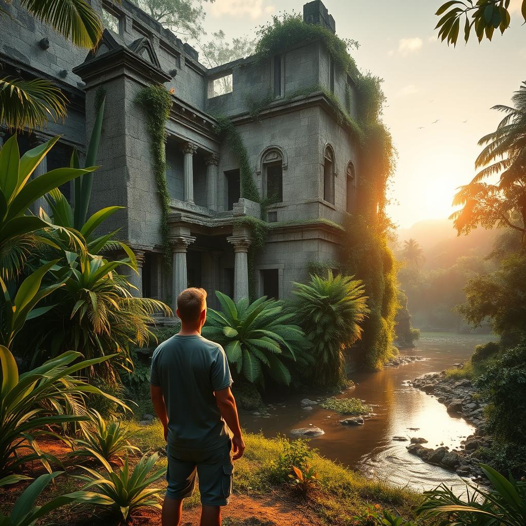 A man standing in a lush jungle at dawn, gazing at a large, dilapidated temple partially overtaken by vegetation