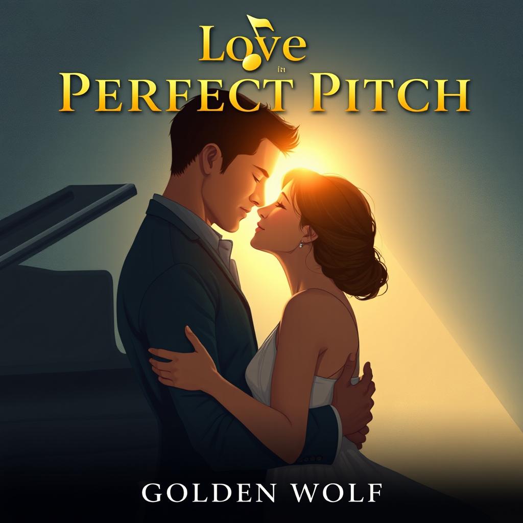 A cinematographic style cover art for 'Love in Perfect Pitch', depicting a poignant and romantic illustration of James and Stella embracing