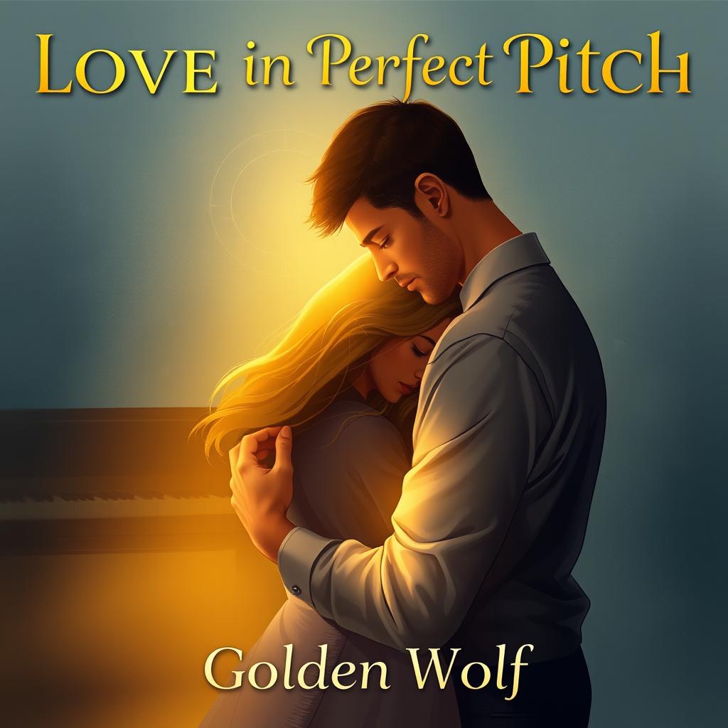 A cinematographic style cover art for 'Love in Perfect Pitch', showcasing a poignant and romantic illustration of James and Stella embracing