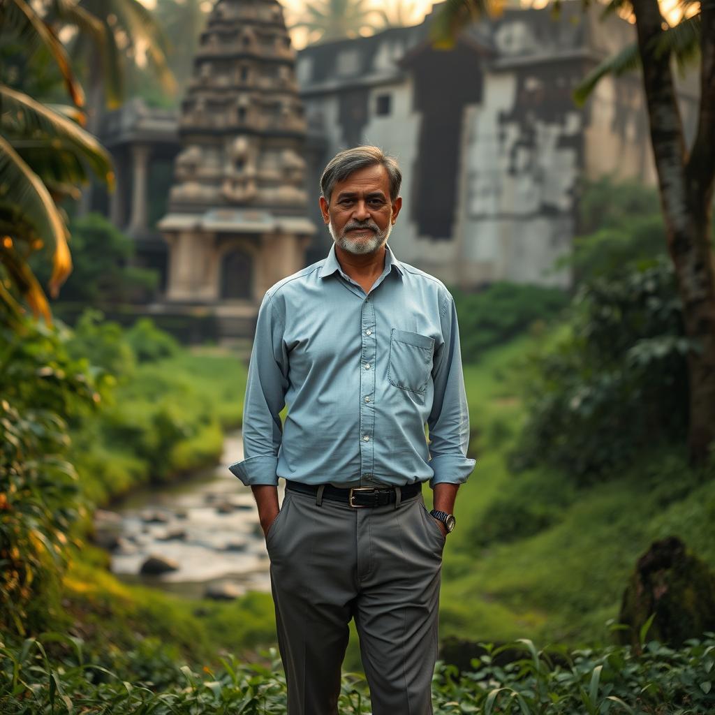 A 50-year-old Indian man standing in a jungle at dawn, wearing a neat shirt and trousers
