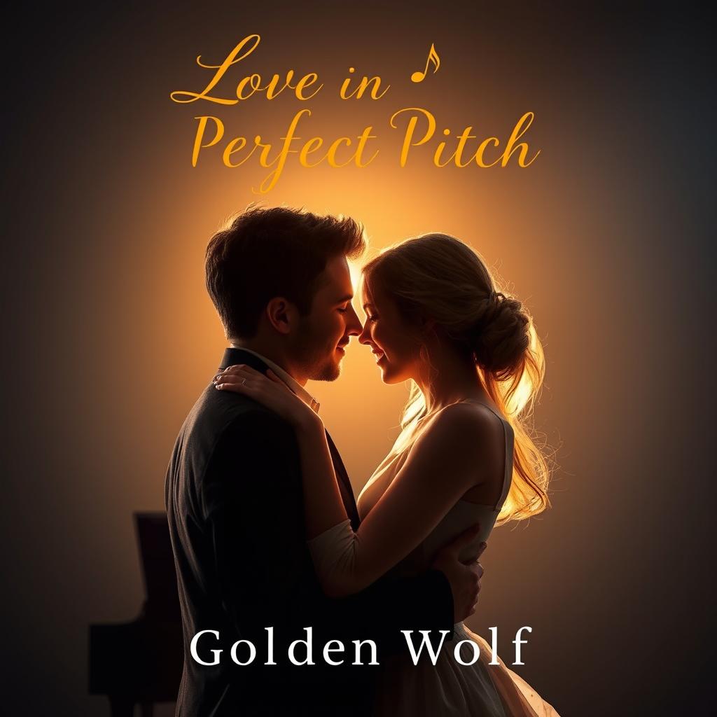 A cinematographic photography-style cover art for 'Love in Perfect Pitch', showcasing a poignant, romantic scene of James and Stella embracing in a moment of deep connection