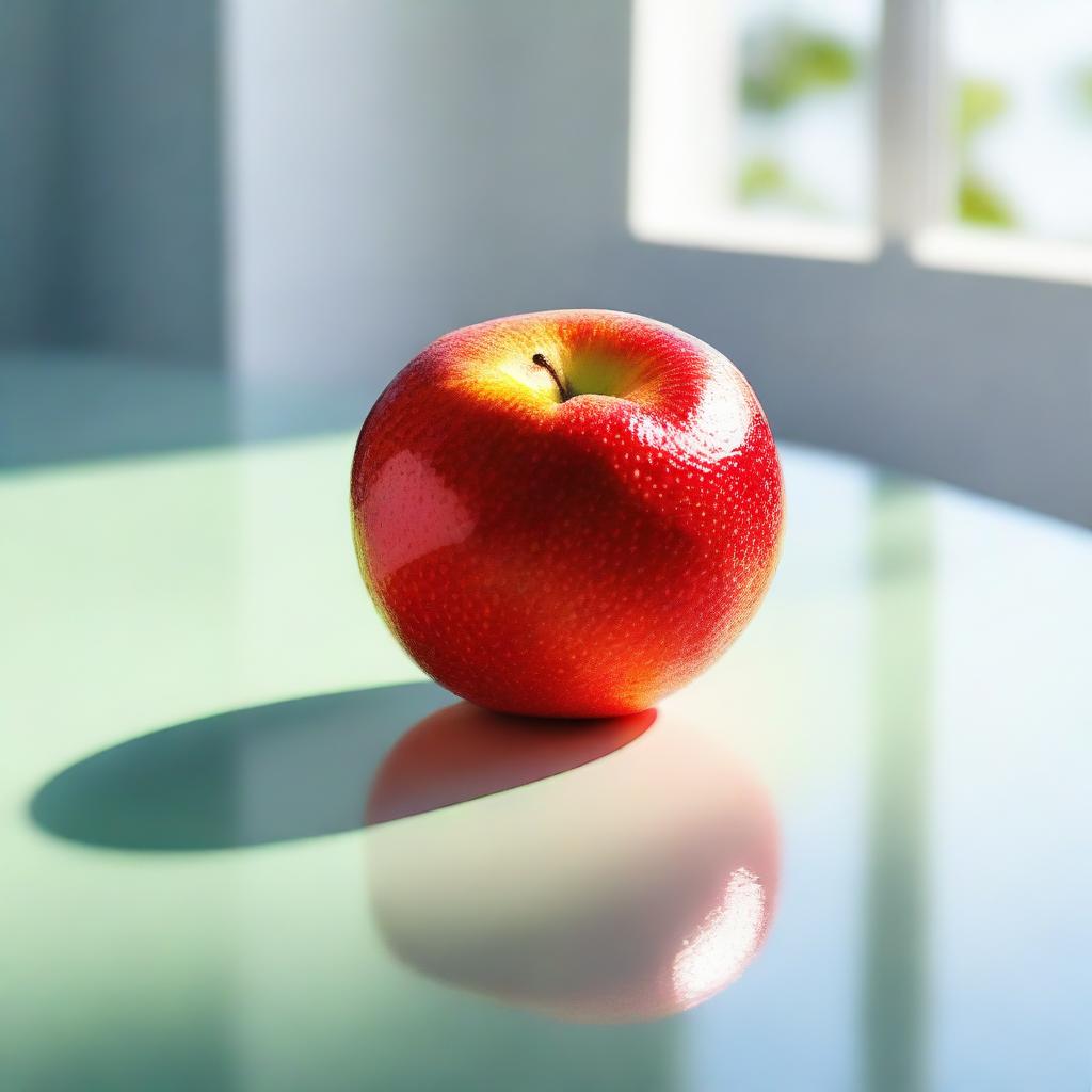 Generate an image of a single, vibrant fruit resting on a clean glass table, reflecting a serene, early morning scene.