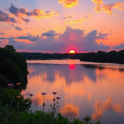 A beautiful sunset over a tranquil lake surrounded by lush greenery and trees, with vibrant hues of orange, pink, and purple reflecting on the water's surface