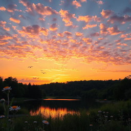 A beautiful sunset over a tranquil lake surrounded by lush greenery and trees, with vibrant hues of orange, pink, and purple reflecting on the water's surface