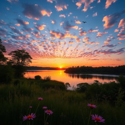 A beautiful sunset over a tranquil lake surrounded by lush greenery and trees, with vibrant hues of orange, pink, and purple reflecting on the water's surface