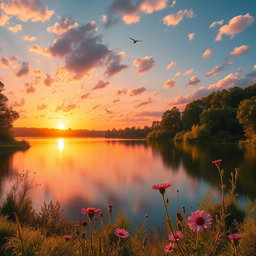 A beautiful sunset over a tranquil lake surrounded by lush greenery and trees, with vibrant hues of orange, pink, and purple reflecting on the water's surface