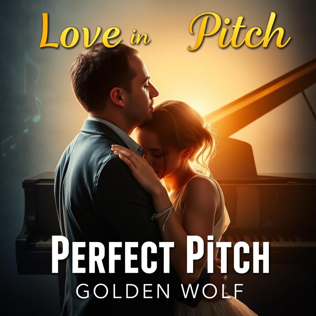 A cinematographic photography-style cover art for 'Love in Perfect Pitch', illustrating a poignant and romantic scene of James and Stella embracing against a backdrop that incorporates a piano and musical notes in a subtle manner