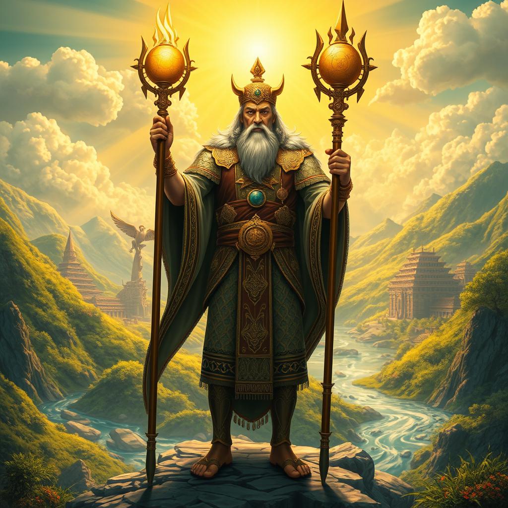 An artistic depiction of Kiyomarth, the legendary first ruler of the world, standing majestically in a vibrant and mythical landscape