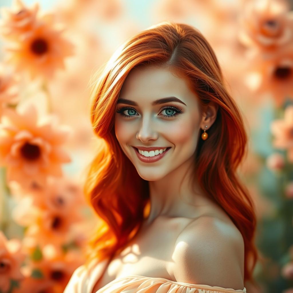 A beautiful portrait of a woman with striking red hair, showcasing her captivating green eyes and radiant smile