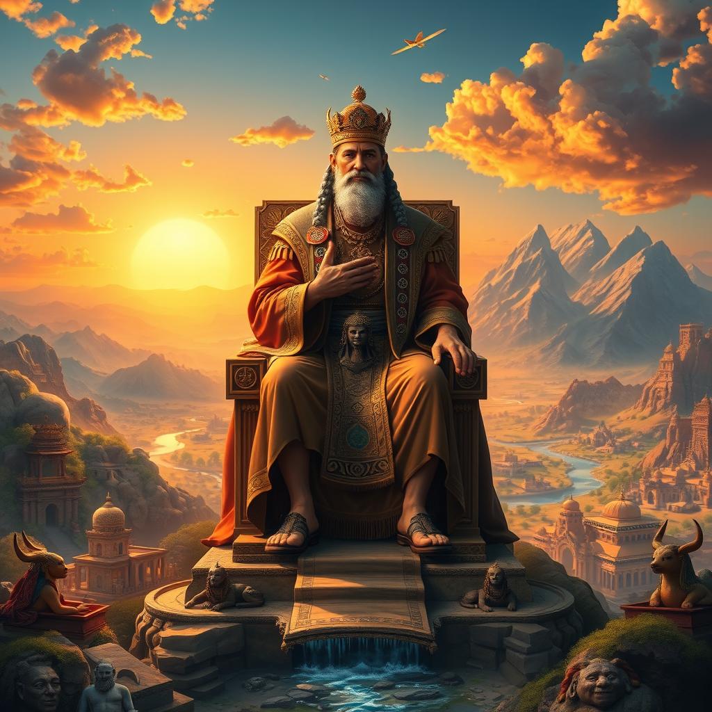 An artistically rendered historical figure envisioned as the first ruler of the world, depicted as a majestic leader wearing ornate robes adorned with ancient symbols