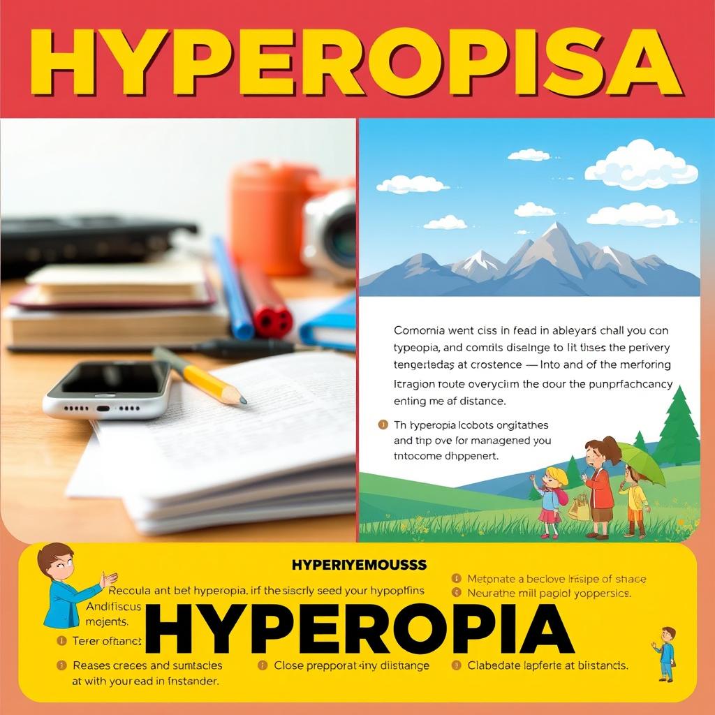 An informative poster illustrating hyperopia (farsightedness), featuring a split image: on the left side, a blurred up-close view of everyday objects like a book, a pencil, and a smartphone, emphasizing the difficulty in seeing clearly at close range