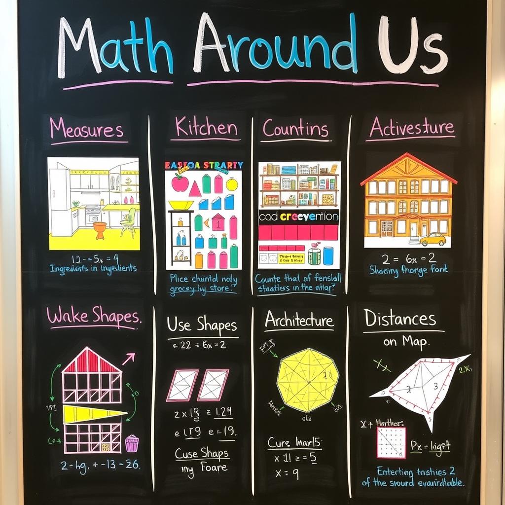 A blackboard display titled 'Math Around Us' featuring real-life scenarios illustrating various mathematical concepts