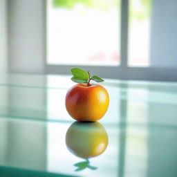 Generate an image of a single, vibrant fruit resting on a clean glass table, reflecting a serene, early morning scene.