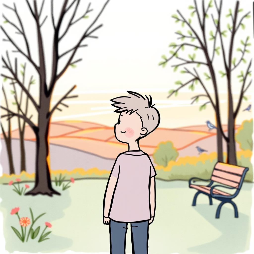 A simple and artistic poster featuring a person standing in a park, illustrated from a third-person perspective