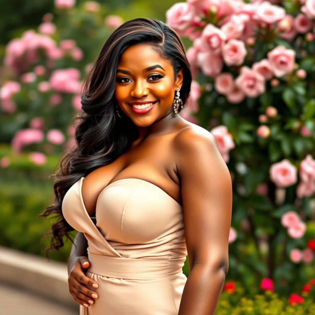 A striking image of a confident and beautiful adult woman with a curvy figure, prominently showcasing her ample bust in an elegant outfit