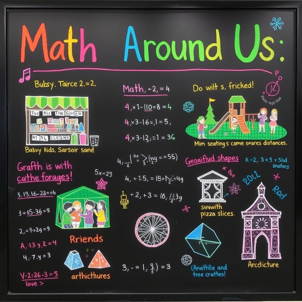 A large blackboard display titled 'Math Around Us' featuring vibrant, colorful designs