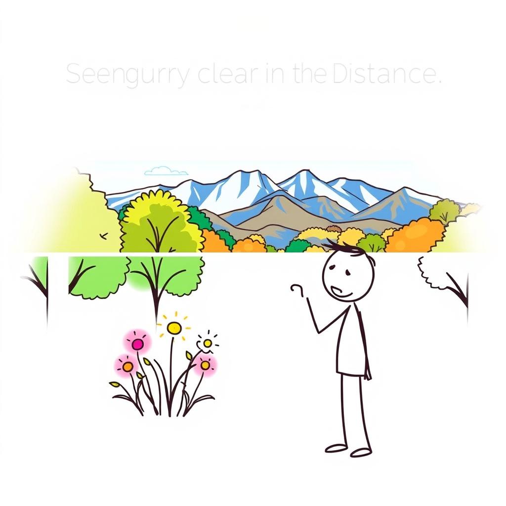 A simple and easy-to-draw poster featuring a character in a park setting, illustrating the concept of seeing blurry up close and clear in the distance