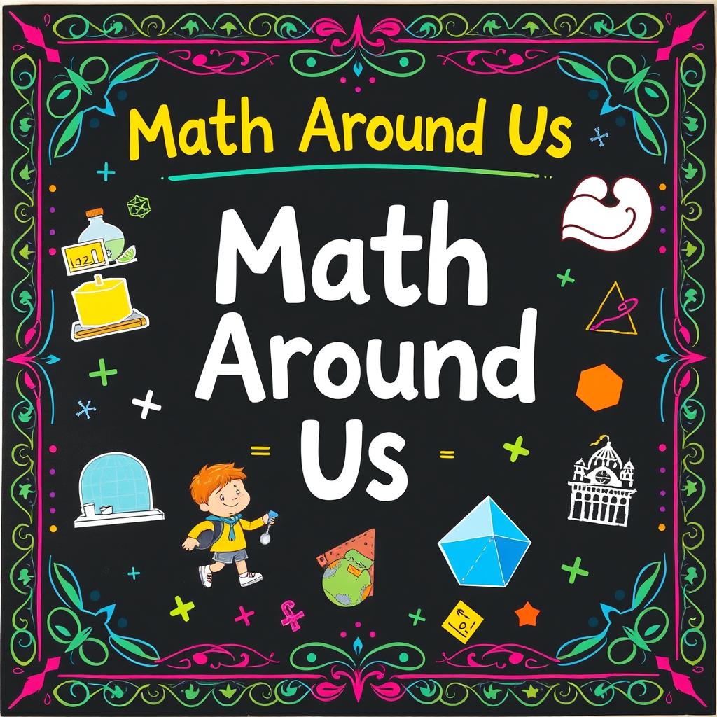 A blackboard display titled 'Math Around Us' incorporating real life scenarios and activities
