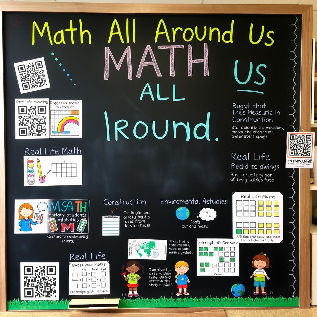 A blackboard display titled 'Math All Around Us' filled with real life scenarios and activities