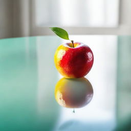 Generate an image of a single, vibrant fruit resting on a clean glass table, reflecting a serene, early morning scene.