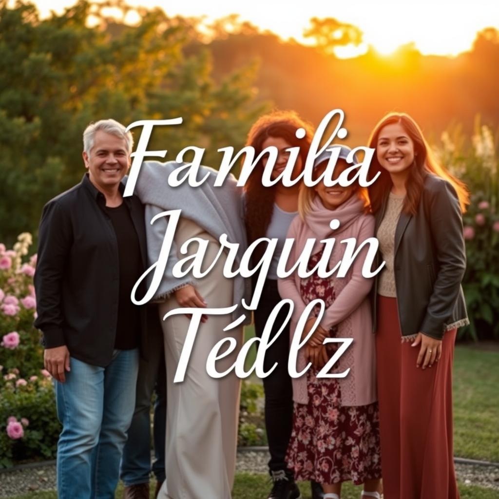 An elegant and warm family portrait featuring the words 'Familia Jarquin Téllez' artistically integrated into the image