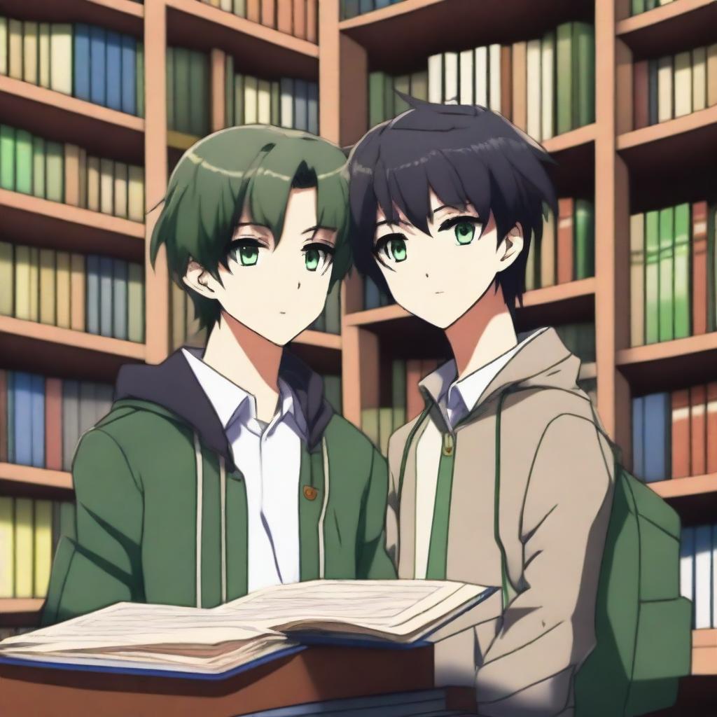 A high-quality 3D rendering of two anime-style high school boys in a library setting, both in the prime of their youth