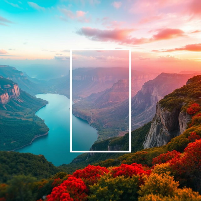 A stunning landscape image maintained from the original content, carefully resized to fit within the dimensions for three separate Instagram posts while ensuring that when placed together they create a cohesive scene