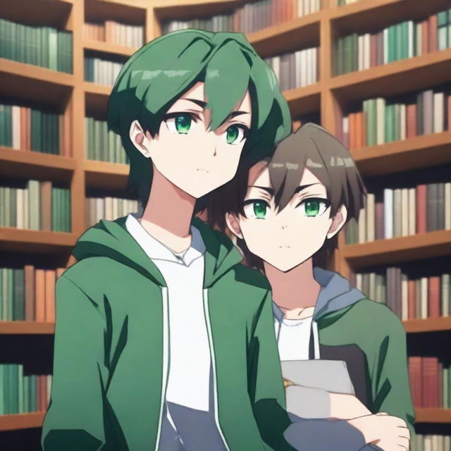 A high-quality 3D rendering of two anime-style high school boys in a library setting, both in the prime of their youth